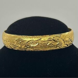 Elegant Wide Gold Tone Engraved Bangle Bracelet – Classic Statement Jewelry